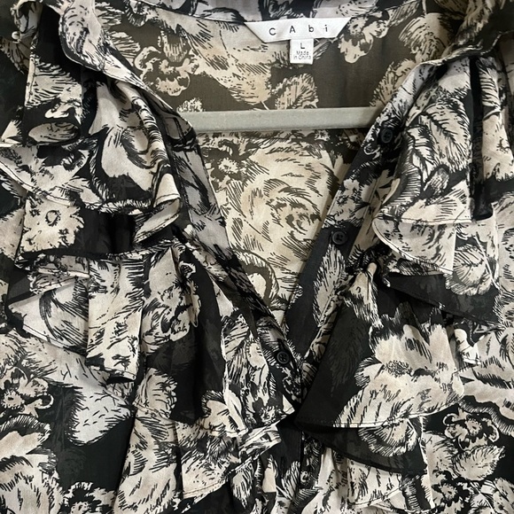 CAbi Black Floral Semi Sheer Ruffle Button Front Blouse Shirt Long Sleeve Large - Picture 2 of 2
